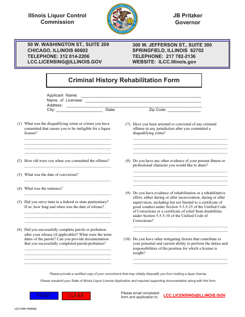 Form LCC-CHR Criminal History Rehabilitation Form - Illinois