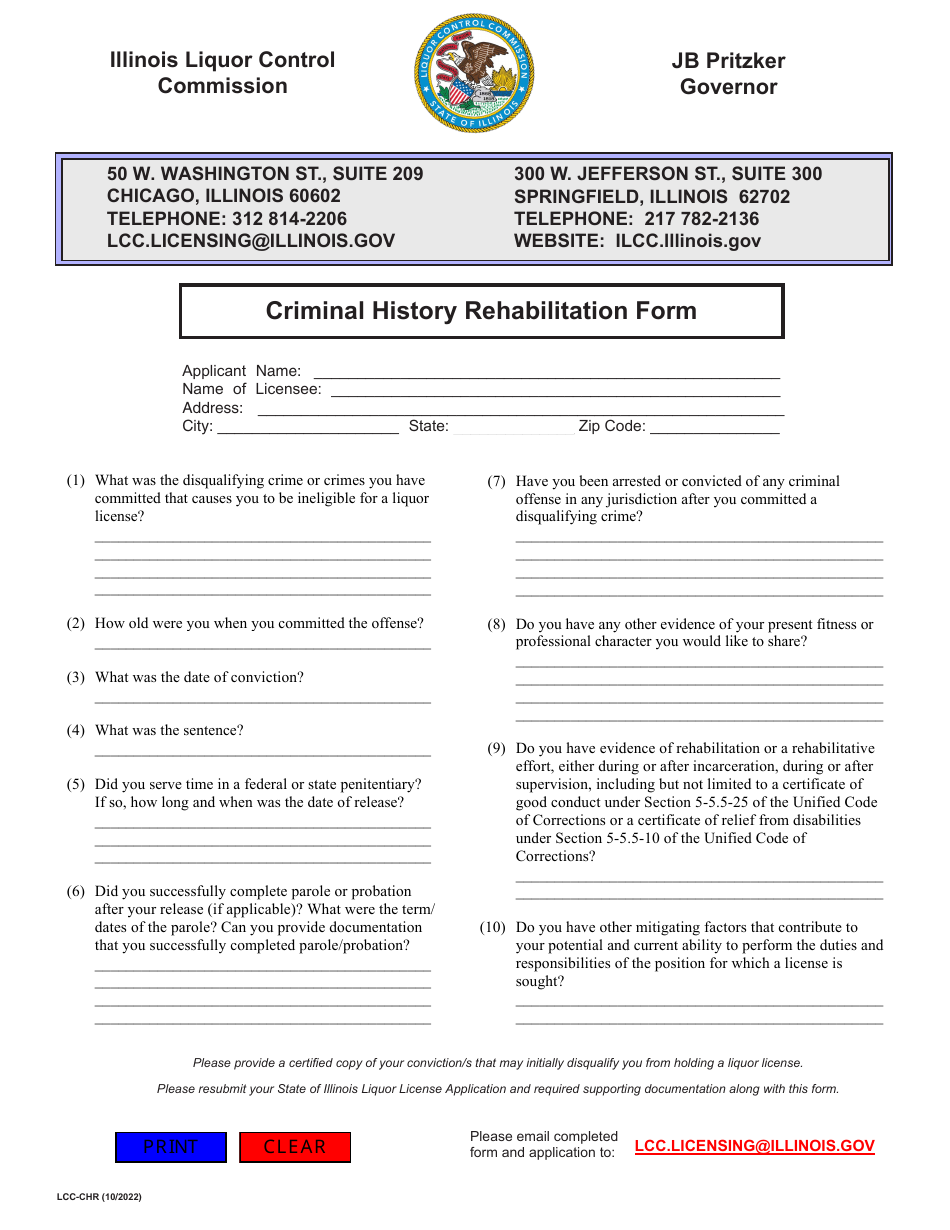 Form LCC-CHR Criminal History Rehabilitation Form - Illinois, Page 1