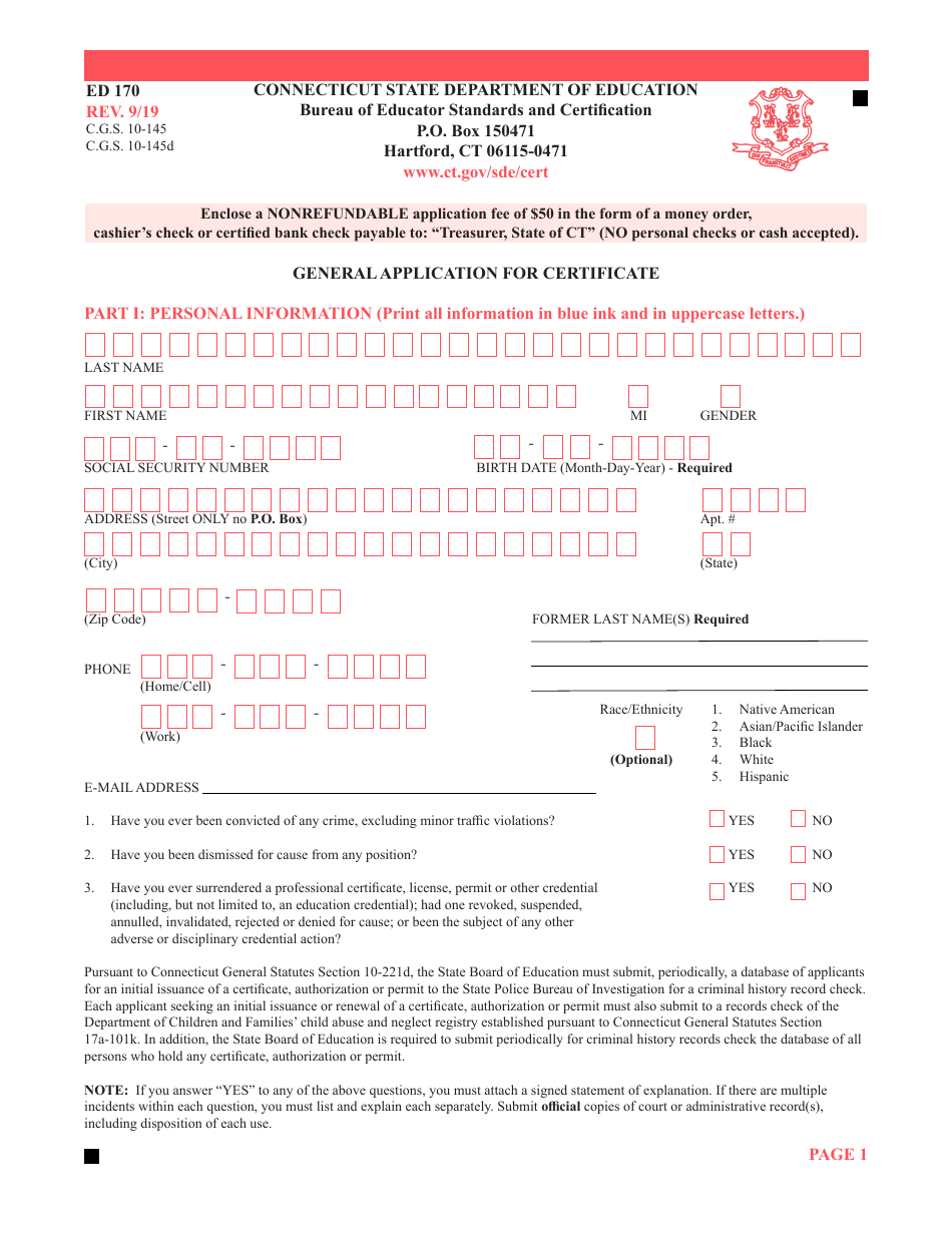 Form ED170 General Application for Certificate - Connecticut, Page 1