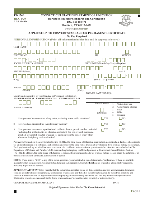Form ED176A Application to Convert Standard or Permanent Certificate - Connecticut