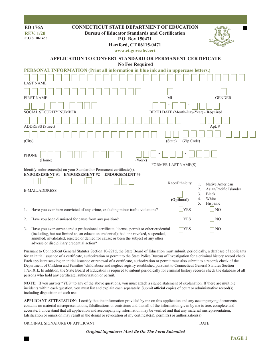 Form ED176A Application to Convert Standard or Permanent Certificate - Connecticut, Page 1