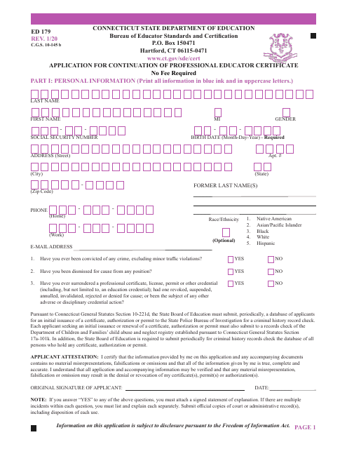 Form ED179 Application for Continuation of Professional Educator Certificate - Connecticut