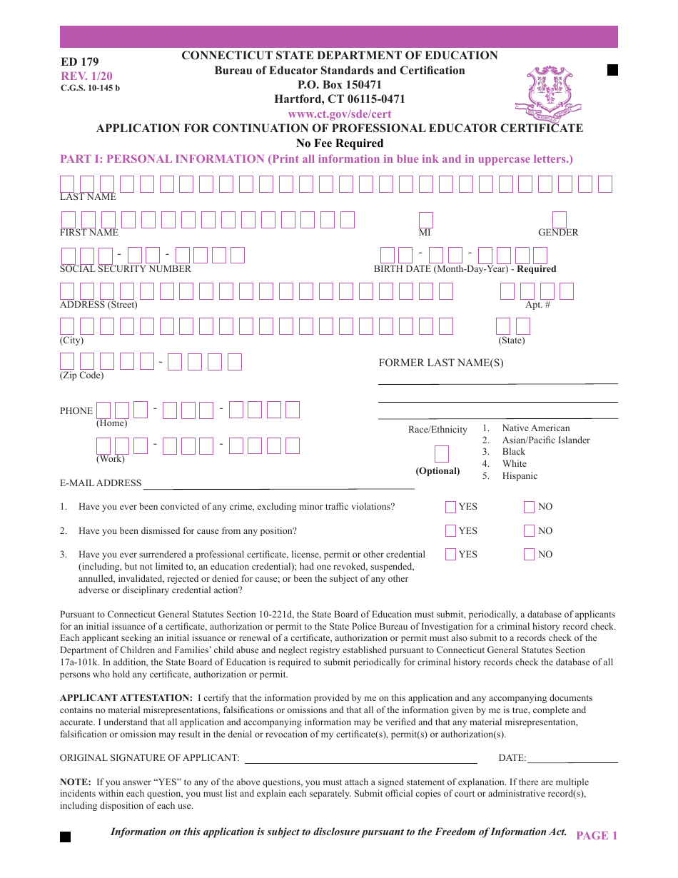 Form ED179 Application for Continuation of Professional Educator Certificate - Connecticut, Page 1