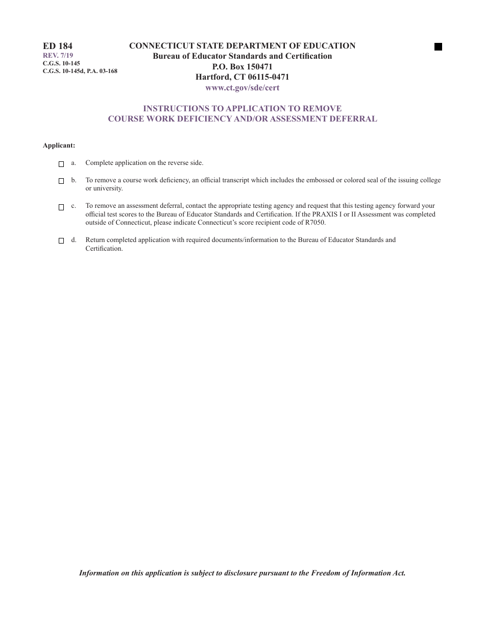 Form ED184 Application to Remove Course Work Deficiency and / or Assessment Deferral - Connecticut, Page 2