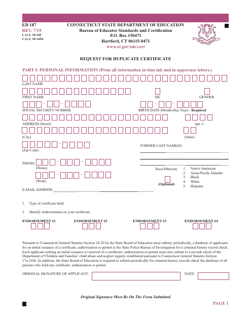 Form ED187 Request for Duplicate Certificate - Connecticut