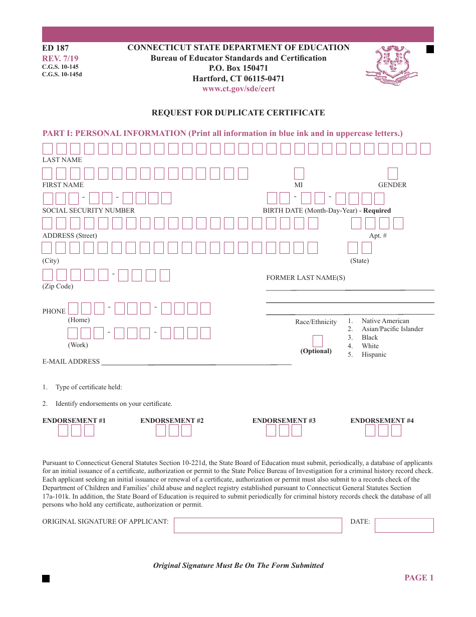 Form ED187 Request for Duplicate Certificate - Connecticut, Page 1