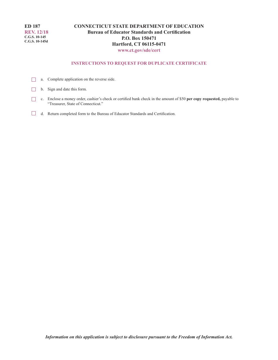 Form ED187 Request for Duplicate Certificate - Connecticut, Page 2