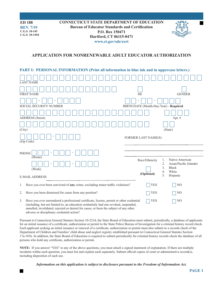 Form ED188 Application for Nonrenewable Adult Educator Authorization - Connecticut, Page 1