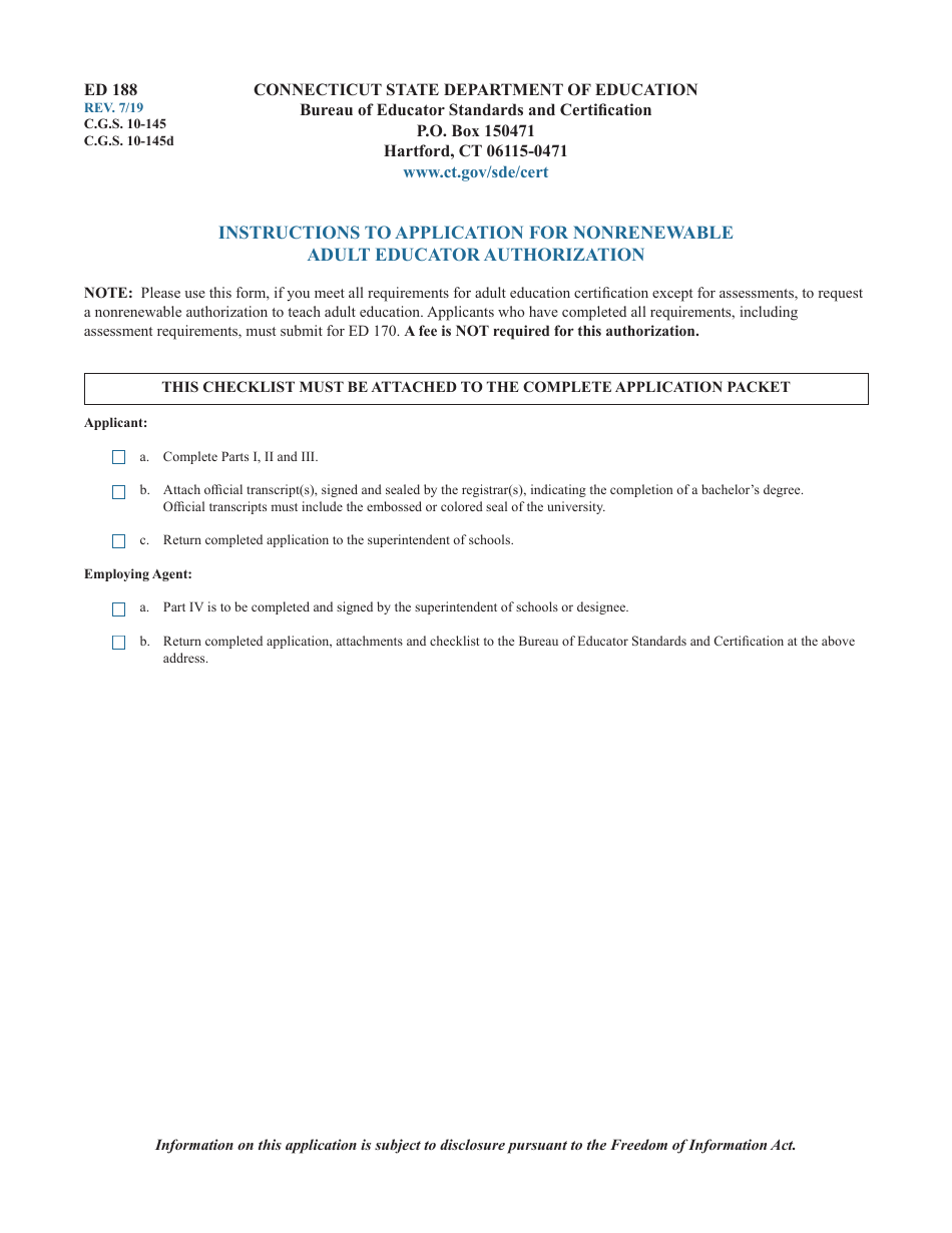 Form ED188 Application for Nonrenewable Adult Educator Authorization - Connecticut, Page 3
