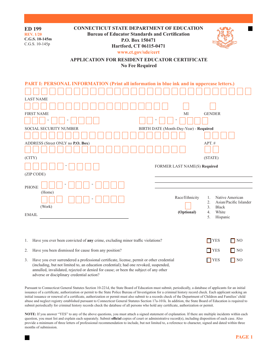 Form ED199 Application for Resident Educator Certificate - Connecticut, Page 1