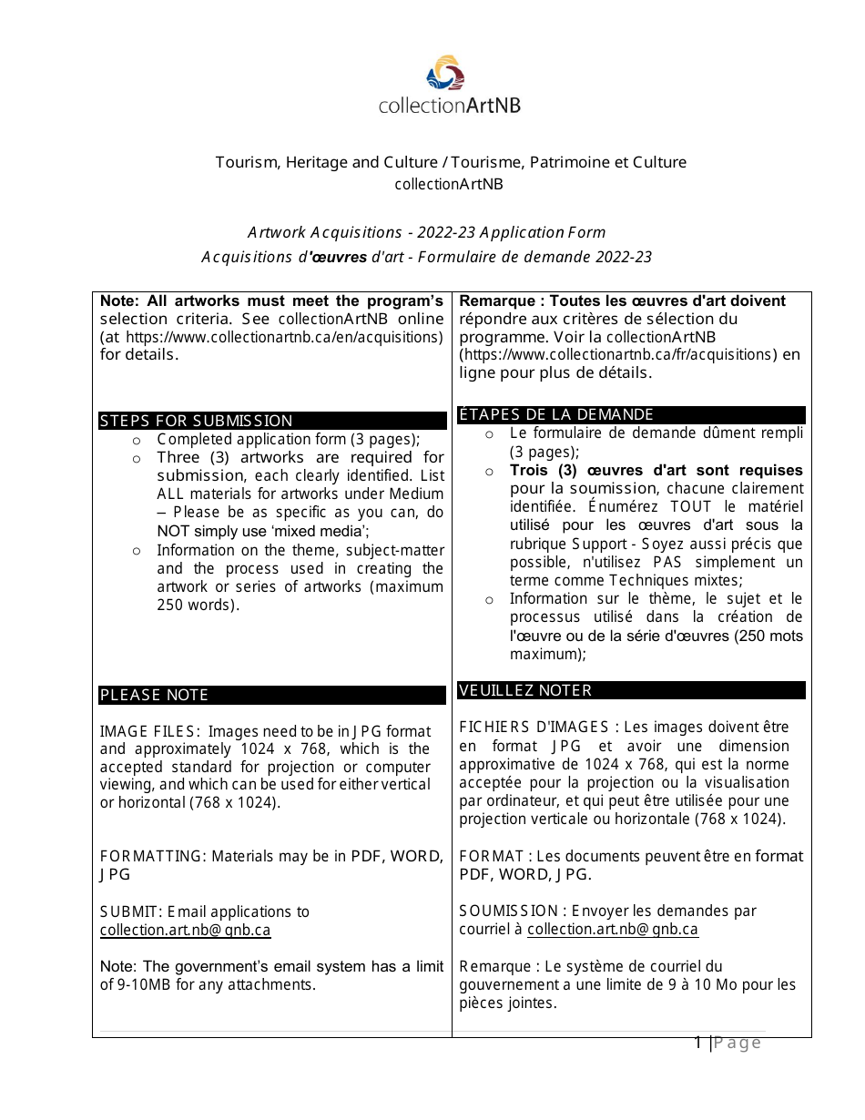 Artwork Acquisitions Application Form - New Brunswick, Canada (English / French), Page 1