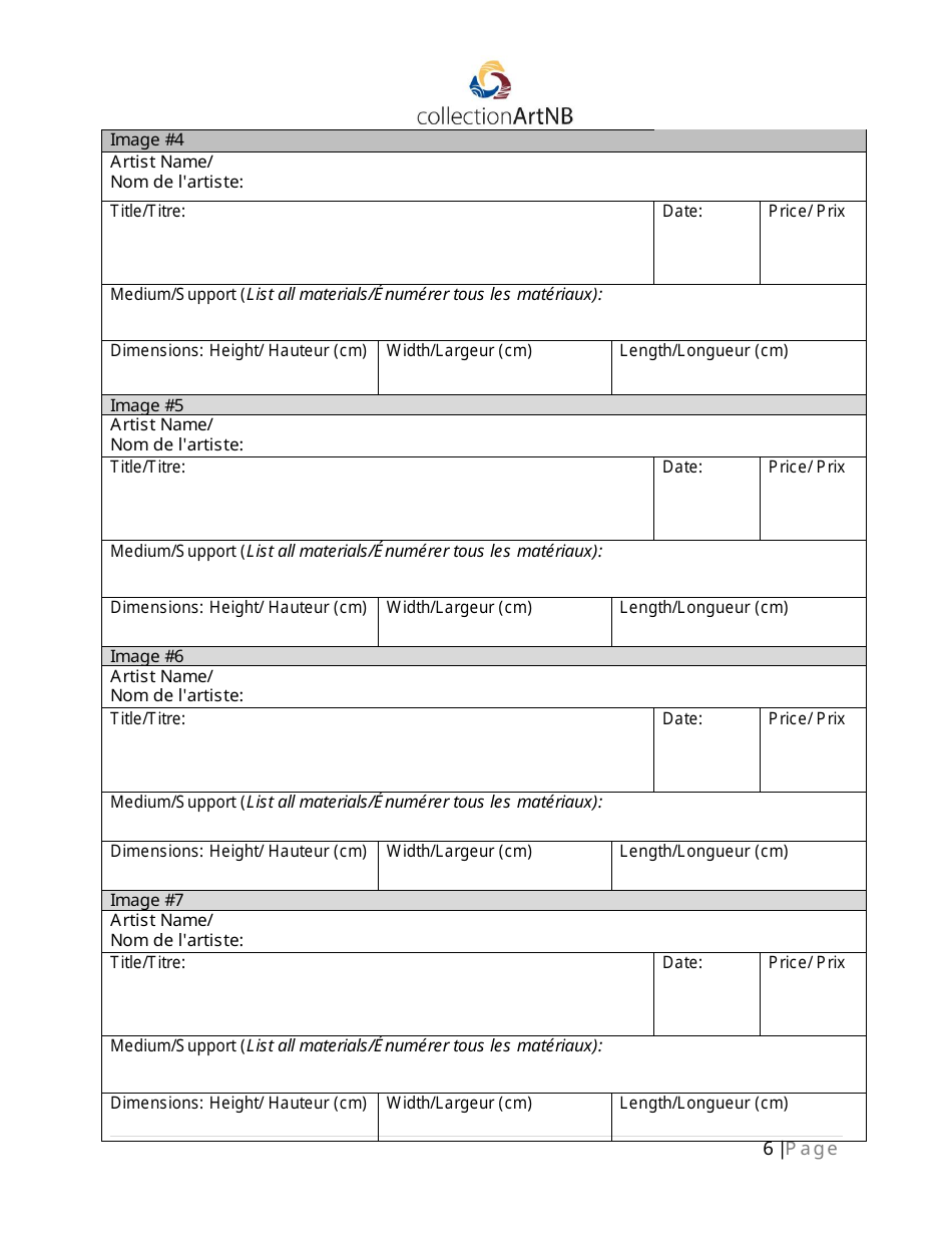 Artwork Acquisitions Application Form - New Brunswick, Canada (English / French), Page 6
