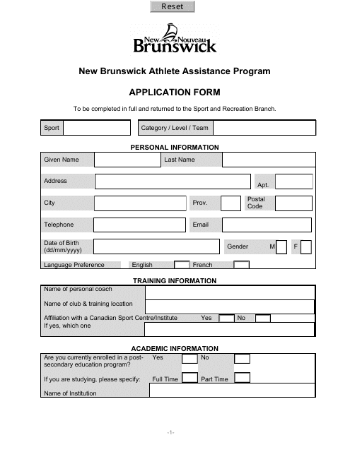 Application Form - New Brunswick Athlete Assistance Program - New Brunswick, Canada Download Pdf