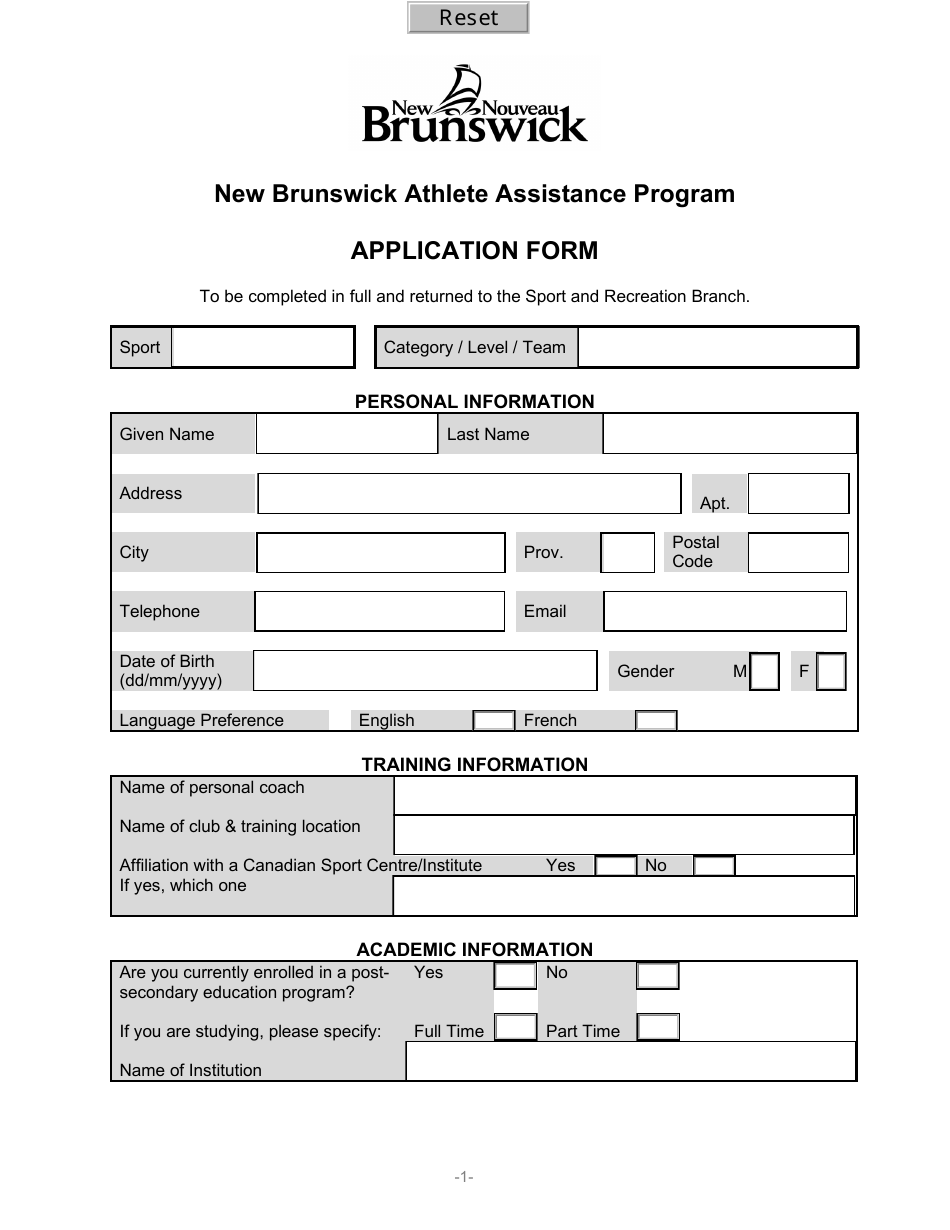 New Brunswick Canada Application Form New Brunswick Athlete Assistance Program Fill Out 2628