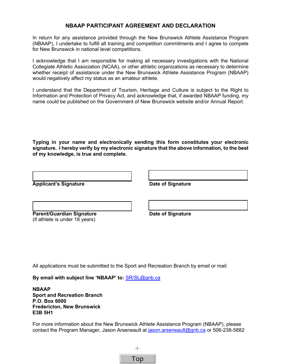 Application Form - New Brunswick Athlete Assistance Program - New Brunswick, Canada, Page 4