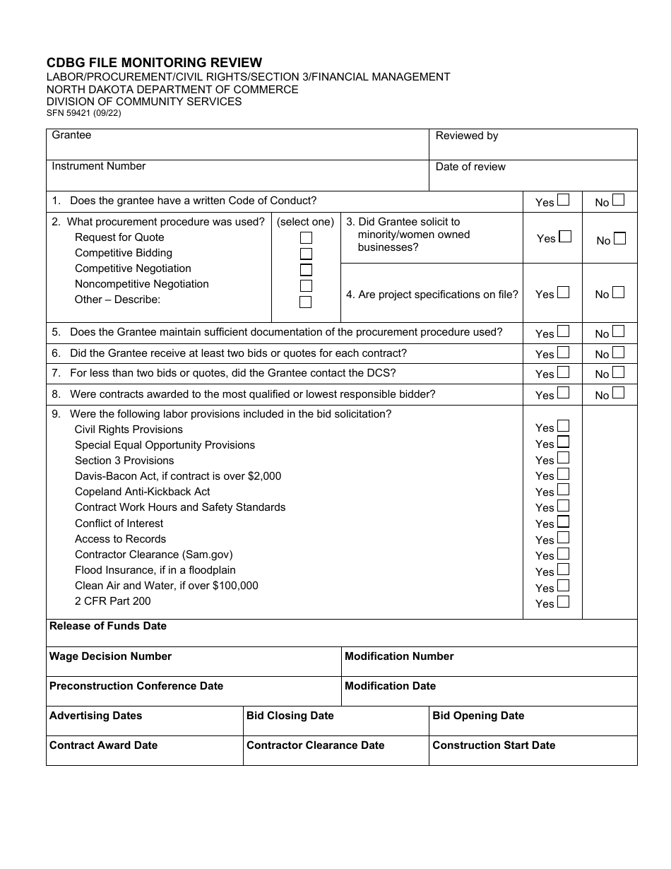 Form SFN59421 Cdbg File Monitoring Review - North Dakota, Page 1