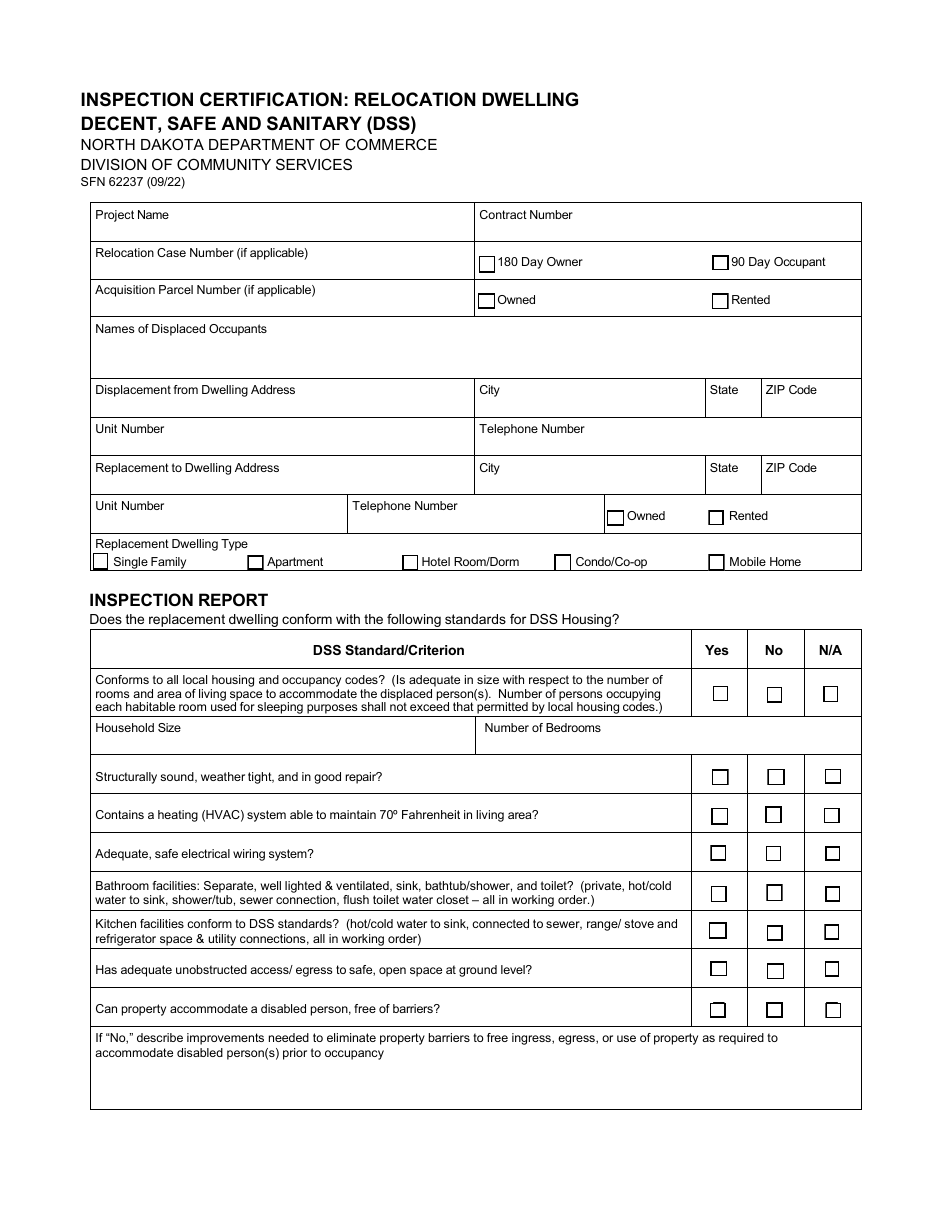 Form SFN62237 Inspection Certification: Relocation Dwelling Decent, Safe and Sanitary (Dss) - North Dakota, Page 1