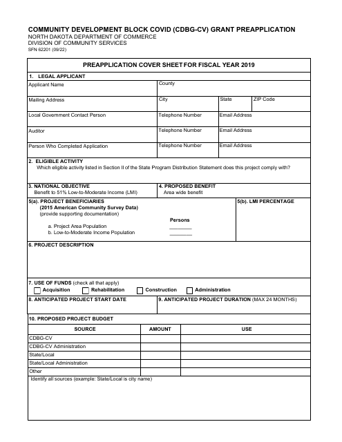 Form SFN62201 Community Development Block Covid (Cdbg-Cv) Grant Preapplication - North Dakota, 2019