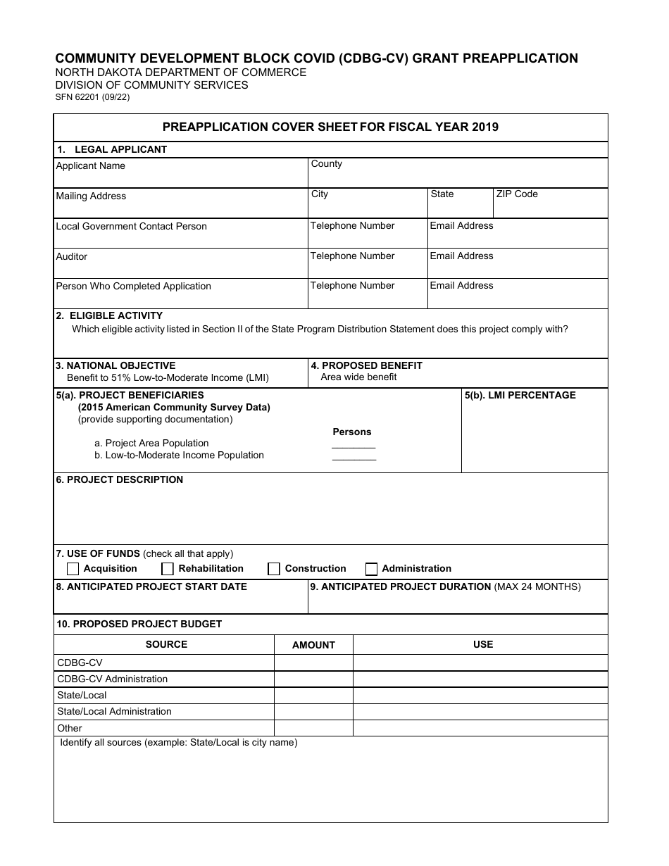 Form SFN62201 Community Development Block Covid (Cdbg-Cv) Grant Preapplication - North Dakota, Page 1