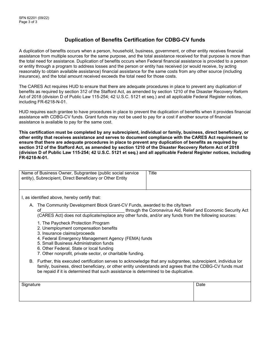 Form SFN62201 Community Development Block Covid (Cdbg-Cv) Grant Preapplication - North Dakota, Page 3