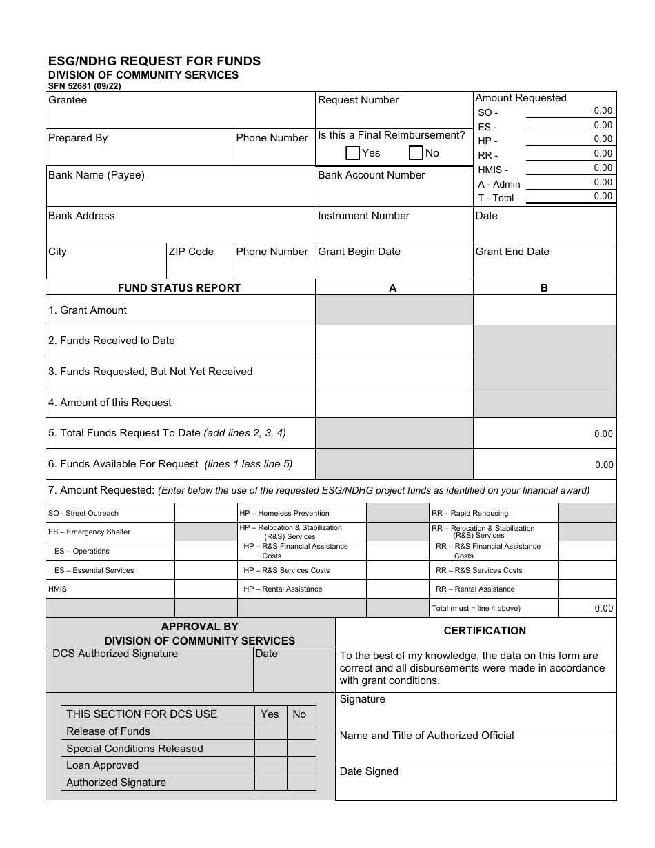 Form SFN52681 Esg / Ndhg Request for Funds - North Dakota, Page 1