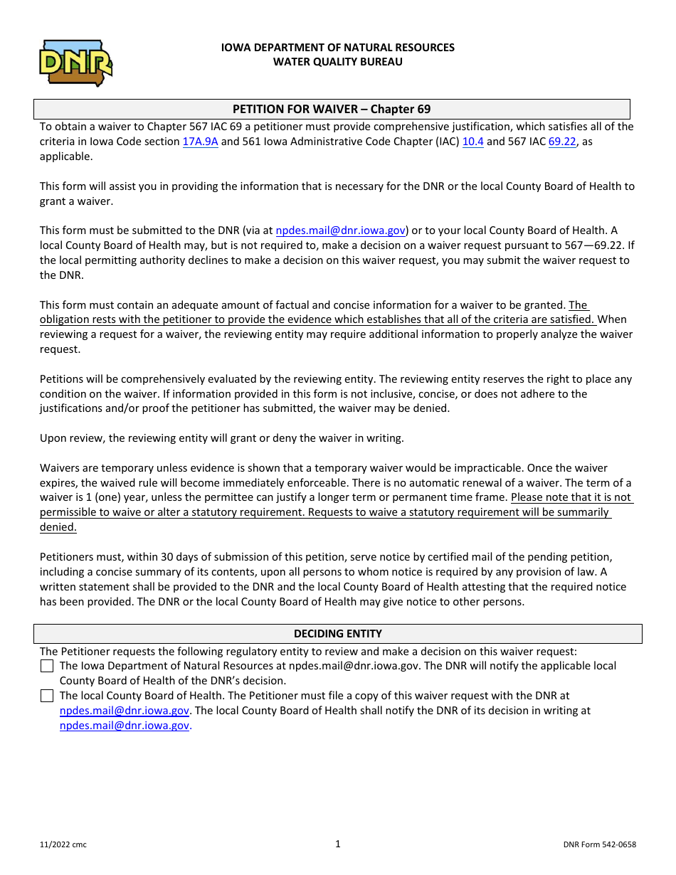 DNR Form 542-0658 Petition for Waiver - Chapter 69 - Iowa, Page 1