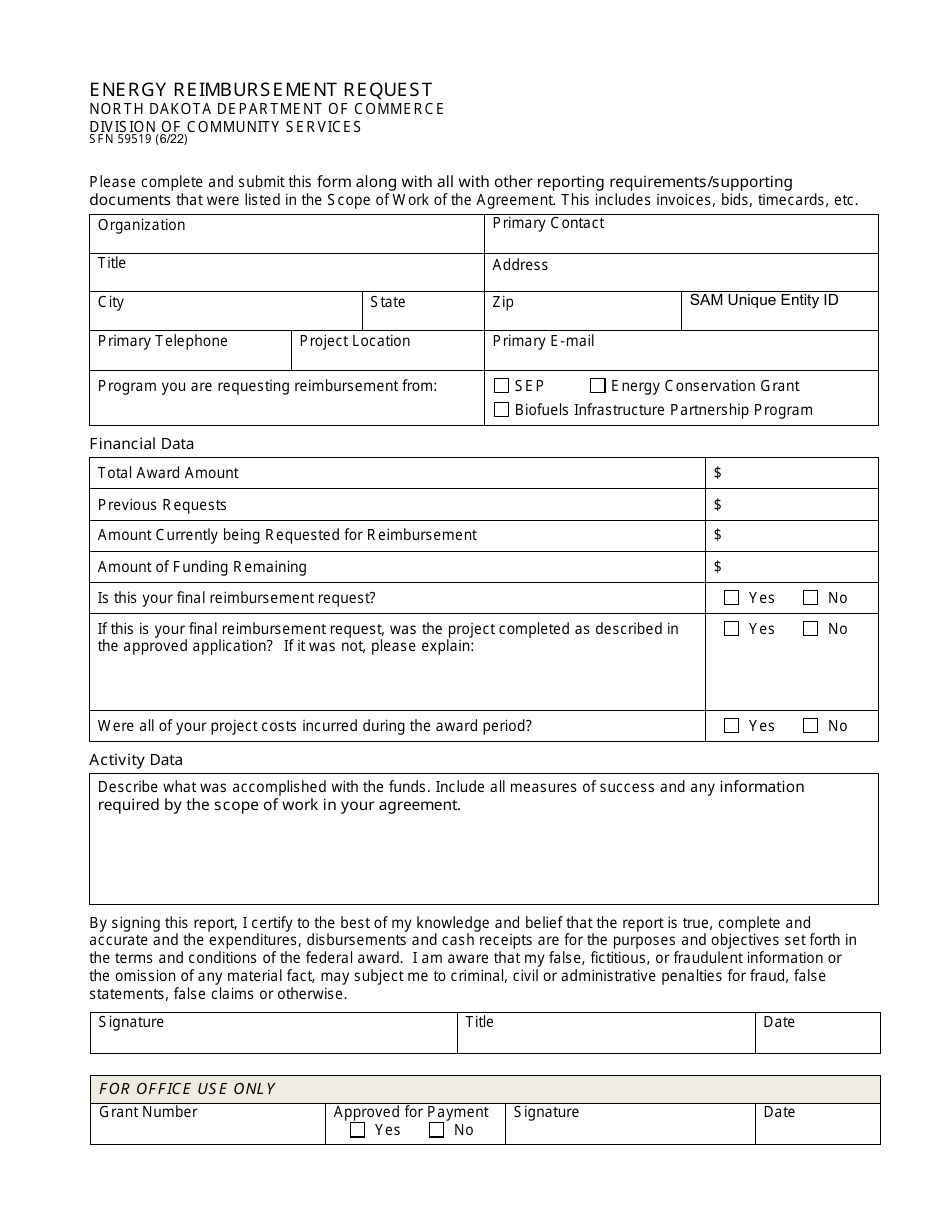 Form SFN59519 Energy Reimbursement Request - North Dakota, Page 1