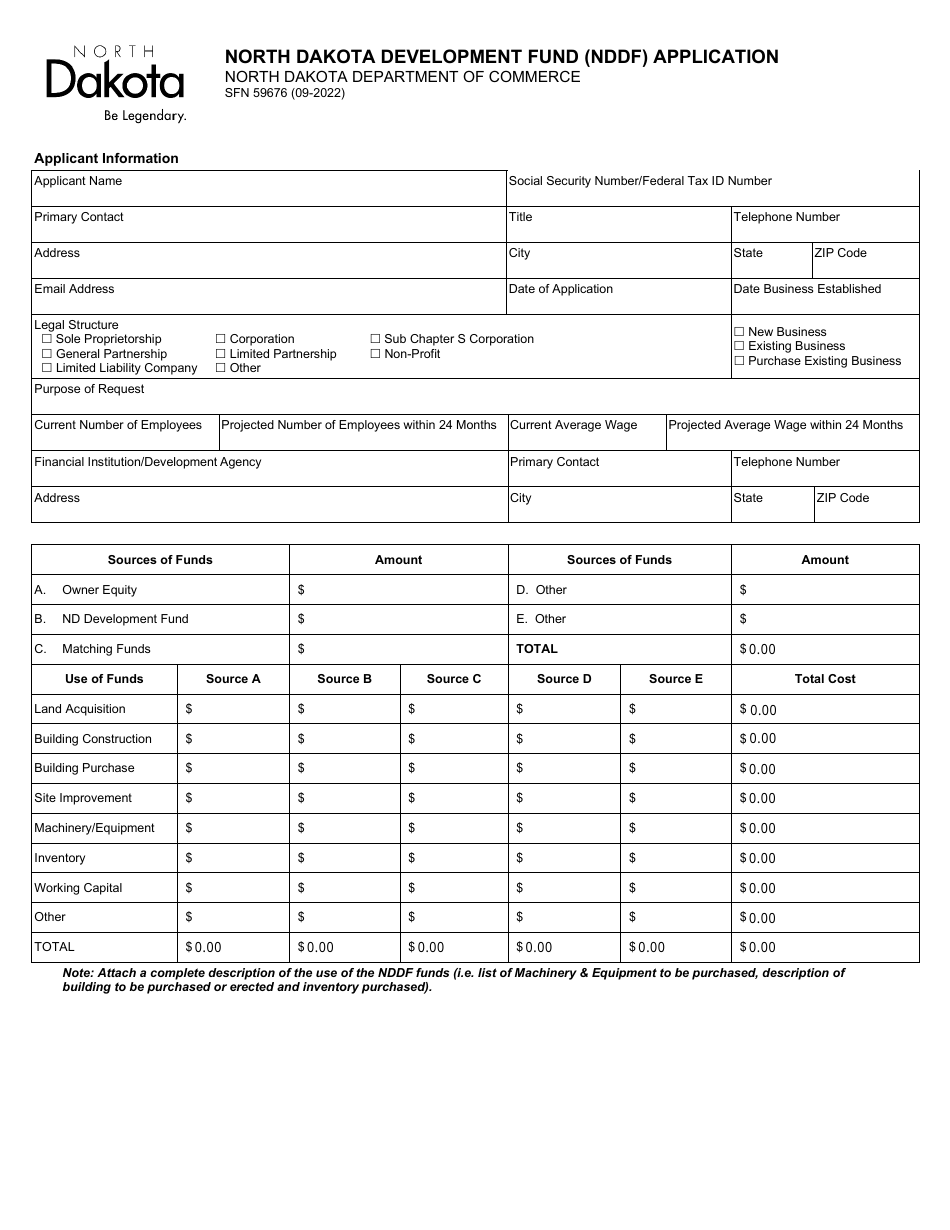 Form SFN59676 North Dakota Development Fund (Nddf) Application - North Dakota, Page 1