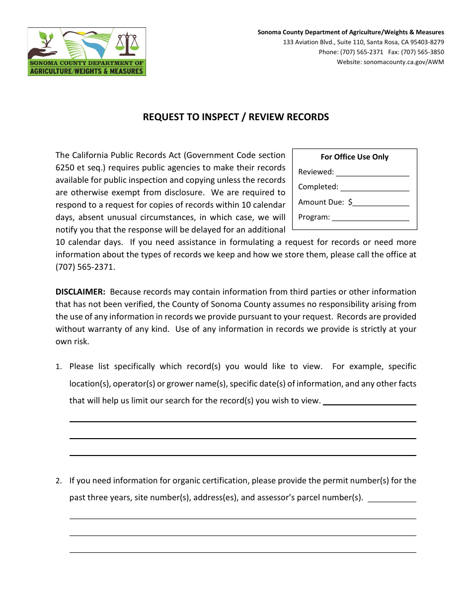 Request to Inspect / Review Records - Sonoma County, California, Page 1