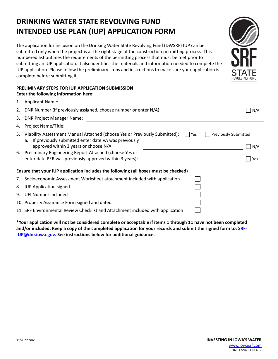 DNR Form 542-0617 Drinking Water State Revolving Fund Intended Use Plan (Iup) Application Form - Iowa, Page 1