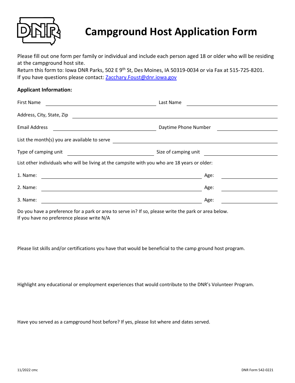 DNR Form 542-0221 Campground Host Application Form - Iowa, Page 1