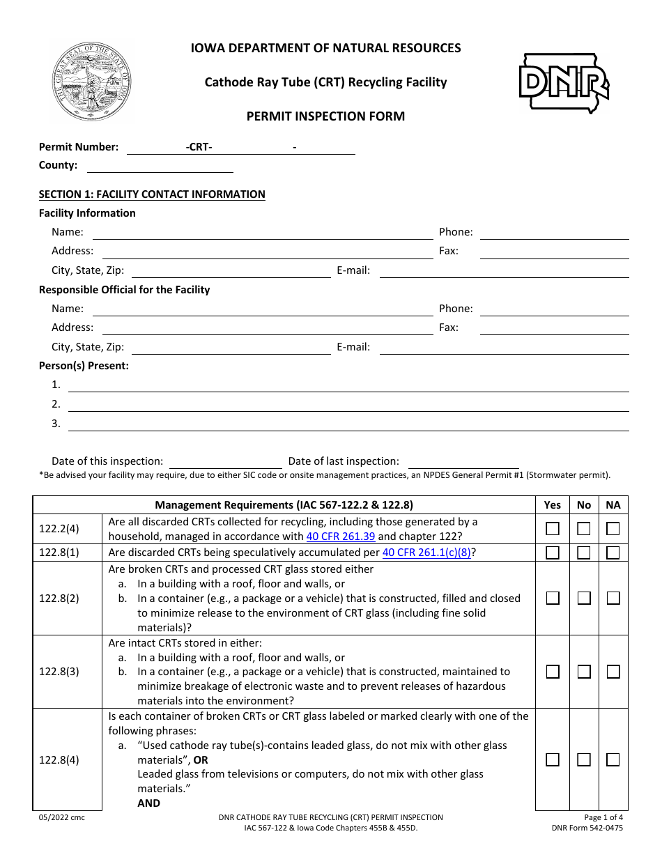 DNR Form 542-0475 Cathode Ray Tube (Crt) Recycling Facility Permit Inspection Form - Iowa, Page 1