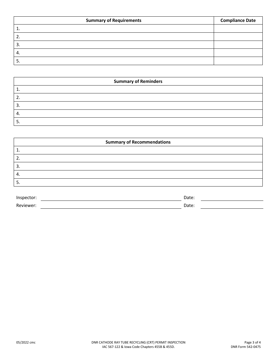 DNR Form 542-0475 Cathode Ray Tube (Crt) Recycling Facility Permit Inspection Form - Iowa, Page 3