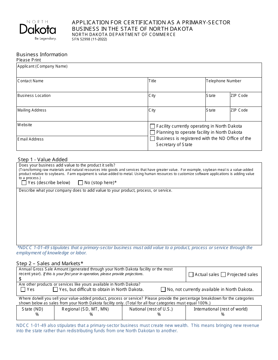 Form SFN52998 Application for Certification as a Primary-Sector Business in the State of North Dakota - North Dakota, Page 1