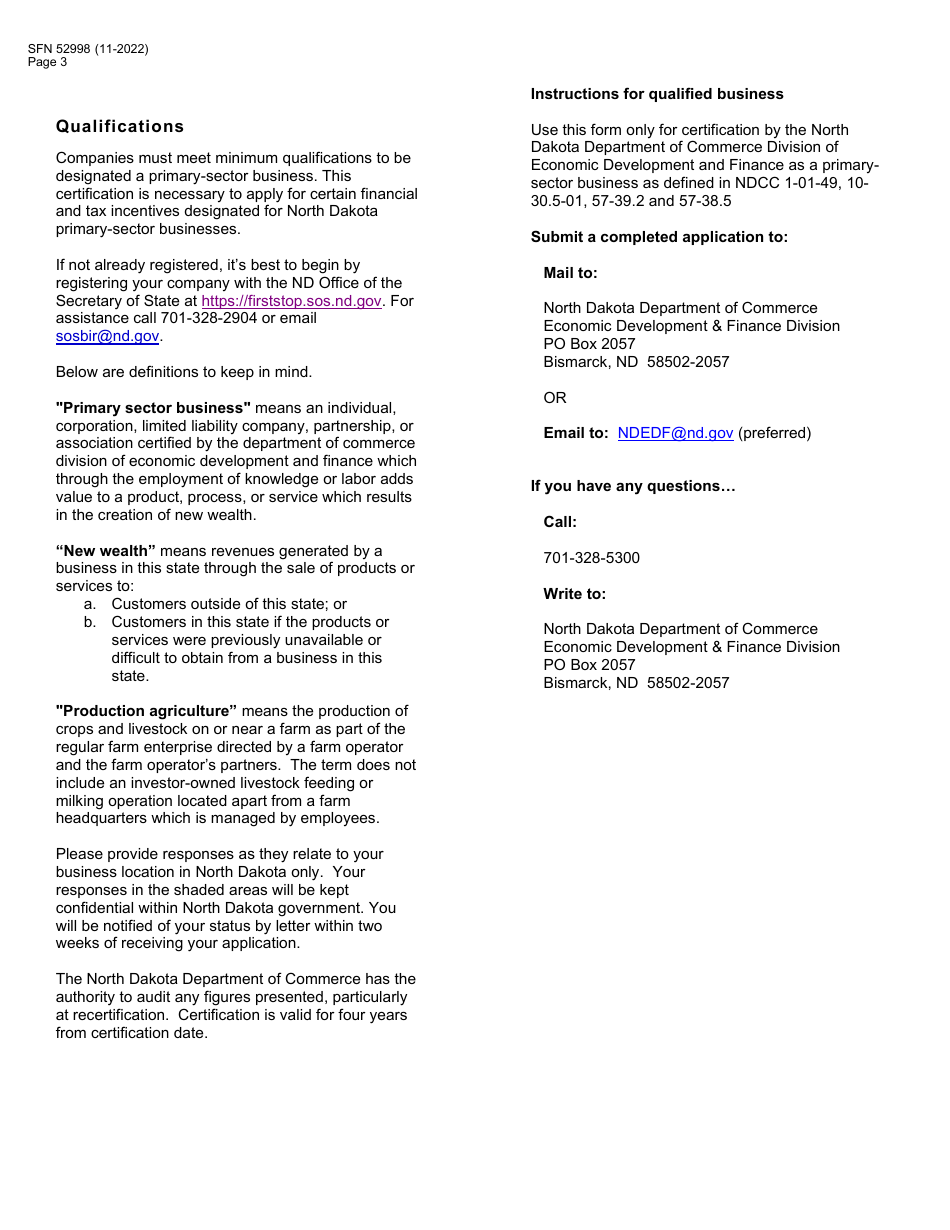 Form SFN52998 Application for Certification as a Primary-Sector Business in the State of North Dakota - North Dakota, Page 3