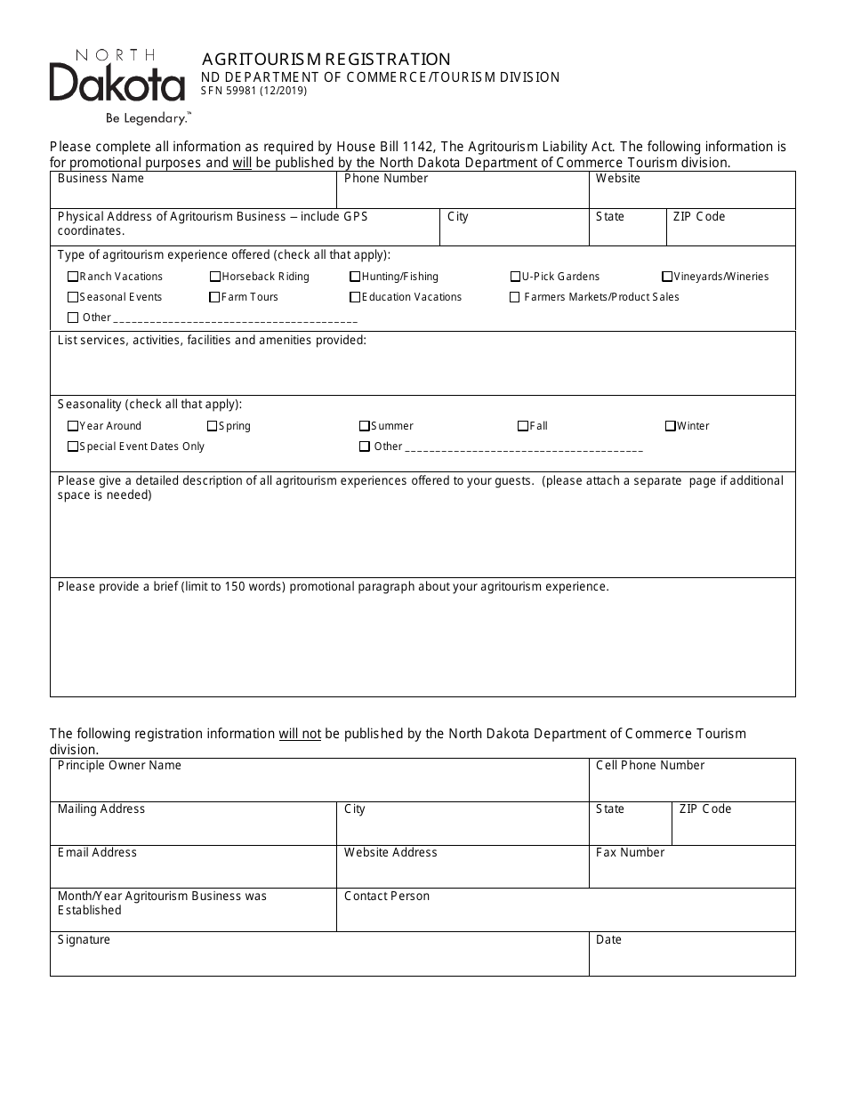 Form SFN59981 Agritourism Registration - North Dakota, Page 1