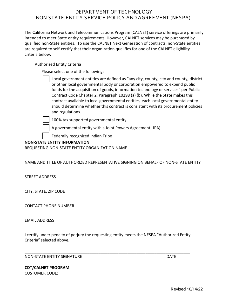 Non-state Entity Service Policy and Agreement (Nespa) - California, Page 1