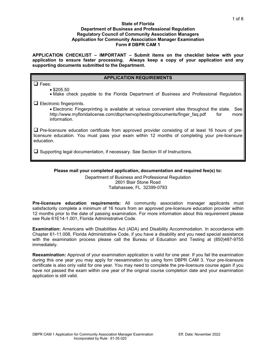 Form DBPR CAM1 Download Printable PDF or Fill Online Application for