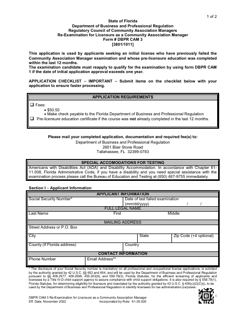 Form DBPR CAM3 Re-examination for Licensure as a Community Association Manager - Florida