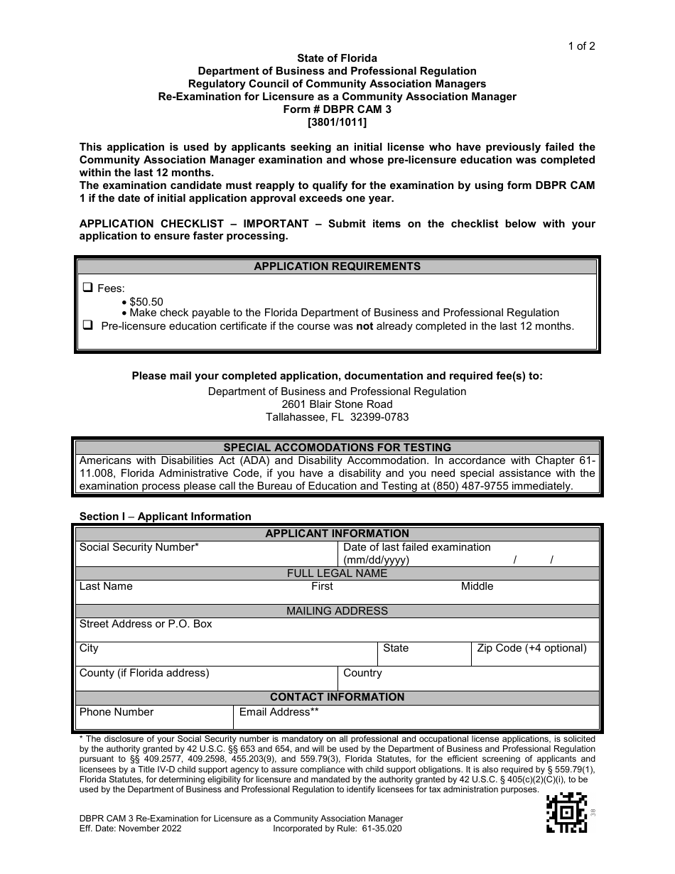 Form DBPR CAM3 Re-examination for Licensure as a Community Association Manager - Florida, Page 1