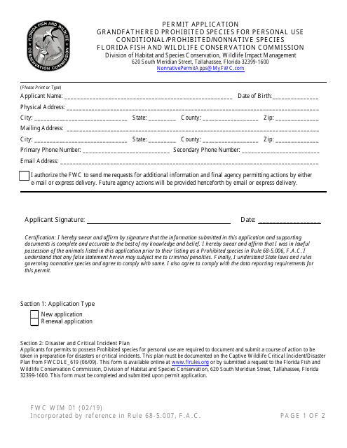 Form FWC WIM01 Permit Application - Grandfathered Prohibited Species for Personal Use Conditional/Prohibited/Nonnative Species - Florida