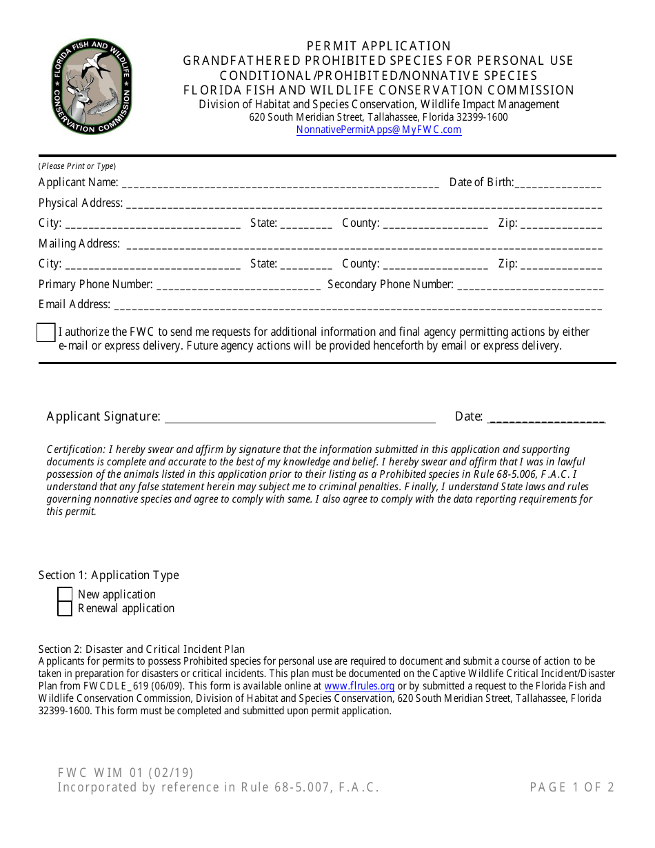 Form FWC WIM01 Permit Application - Grandfathered Prohibited Species for Personal Use Conditional / Prohibited / Nonnative Species - Florida, Page 1
