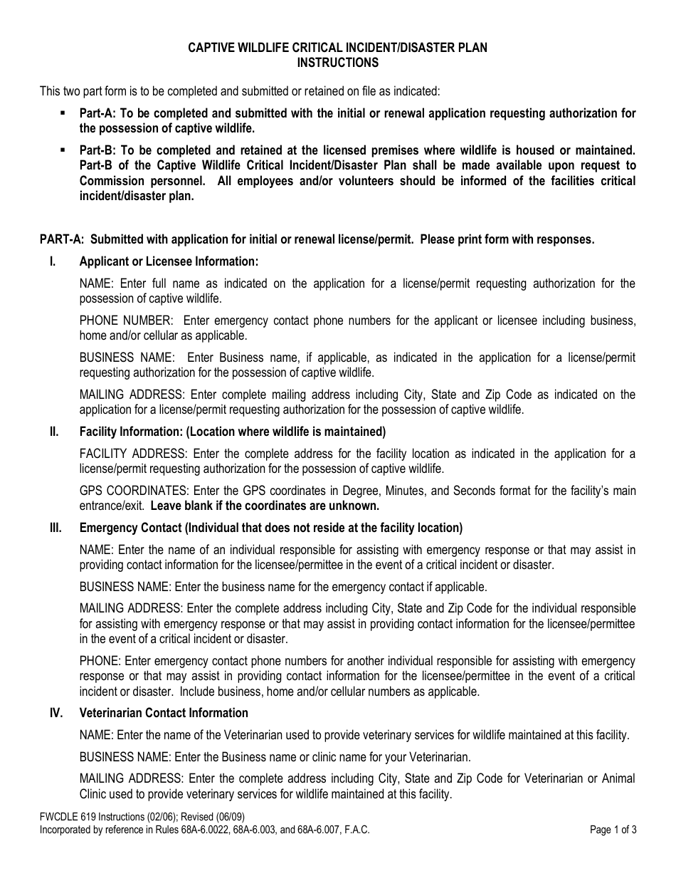 Form FWCDLE619 Captive Wildlife Critical Incident / Disaster Plan - Florida, Page 1