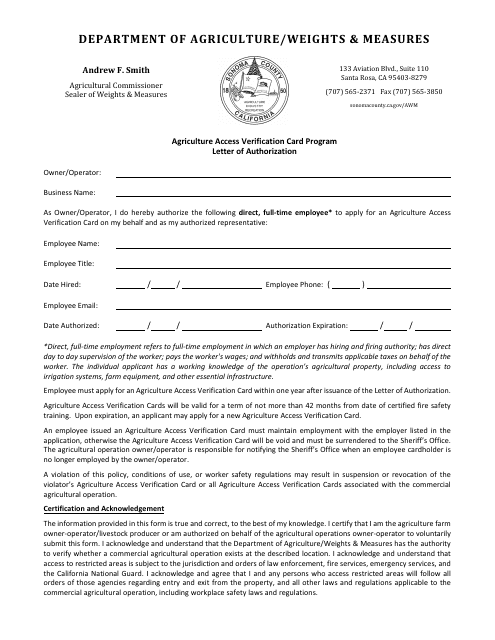 Letter of Authorization - Agriculture Access Verification Card Program - Sonoma County, California