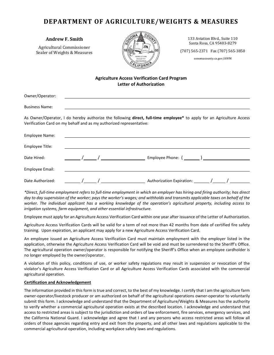 Letter of Authorization - Agriculture Access Verification Card Program - Sonoma County, California, Page 1