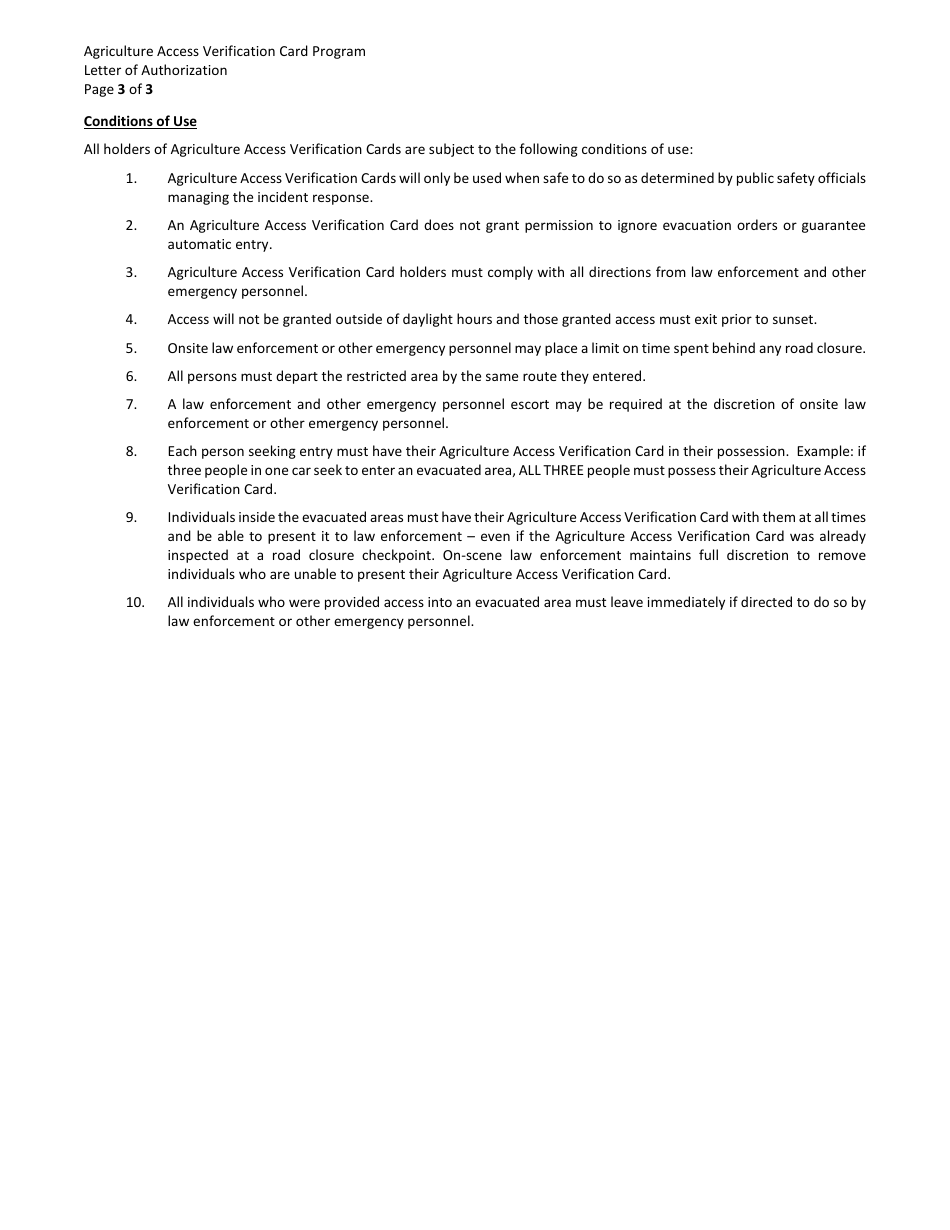 Letter of Authorization - Agriculture Access Verification Card Program - Sonoma County, California, Page 3