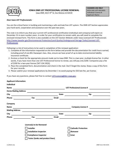DNR Form 542-0155 Iowa DNR Ust Professional License Renewal - Iowa