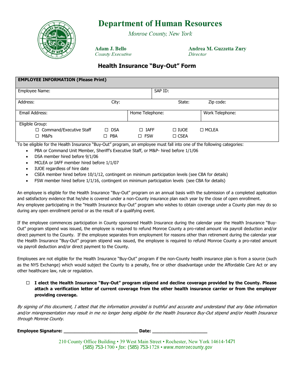 Monroe County, New York Health Insurance "buyOut" Form Fill Out, Sign Online and Download PDF