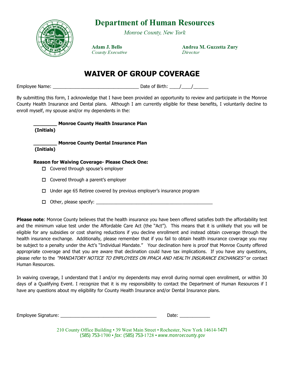 Waiver of Group Coverage - Monroe County, New York, Page 1