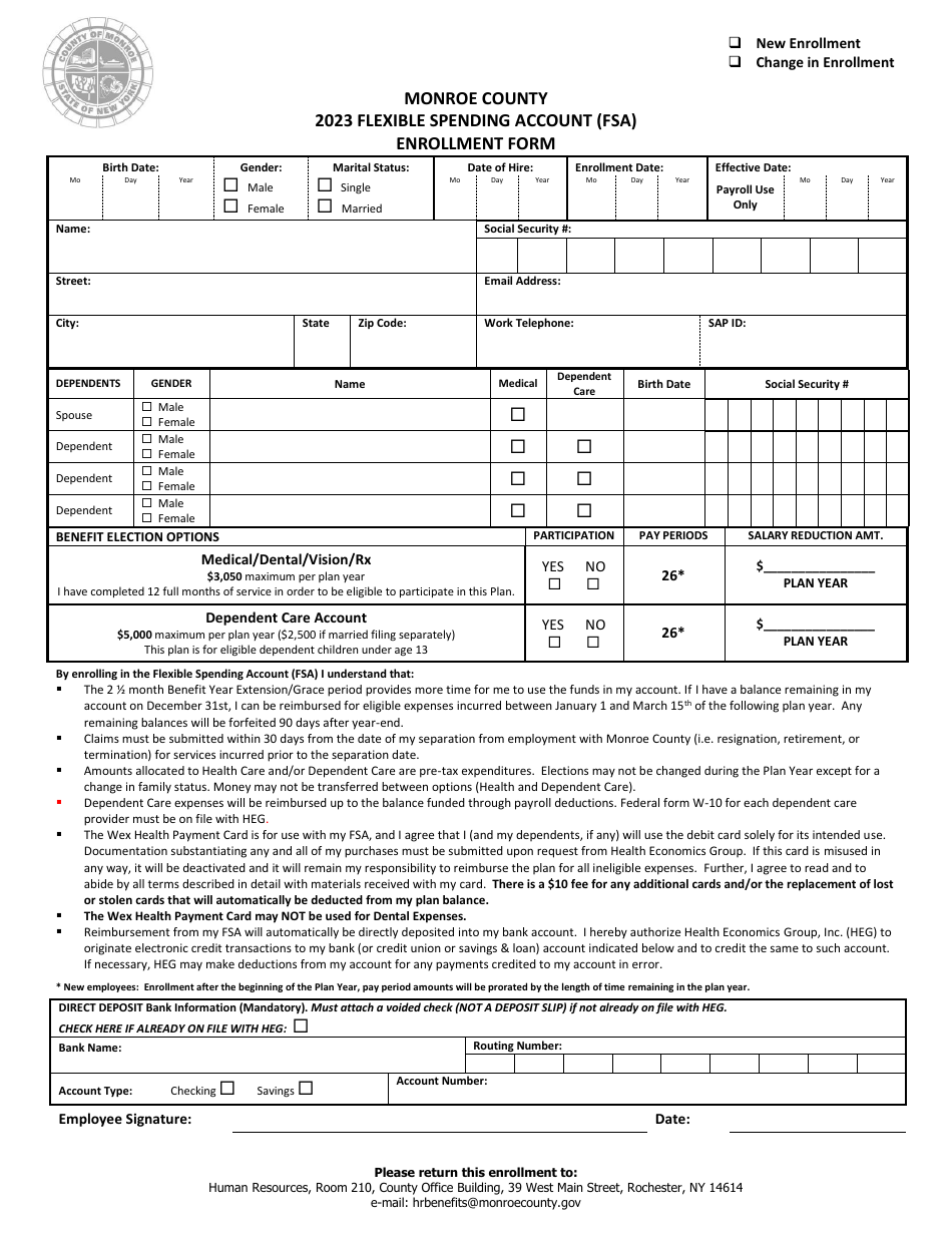 Flexible Spending Account (FSA) Enrollment Form - Monroe County, New York, Page 1
